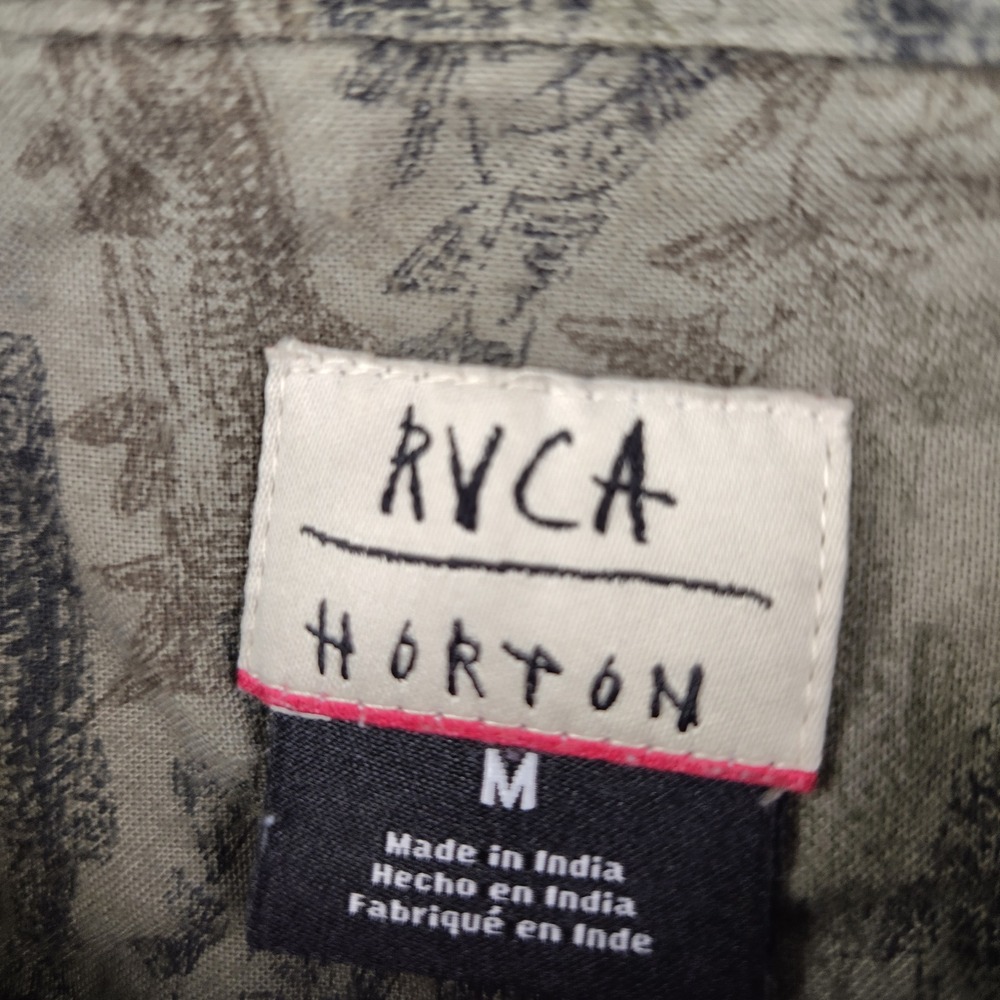 RVCA Shirt Mens Medium Horton Fish Trout Print Olive Green Button Up - Picture 4 of 7